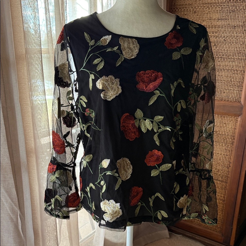 Floral Embroidered Black Top